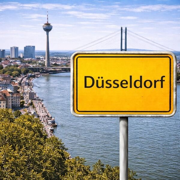Gelbes Ortsschild Düsseldorf mit Stadt im Hintergrund