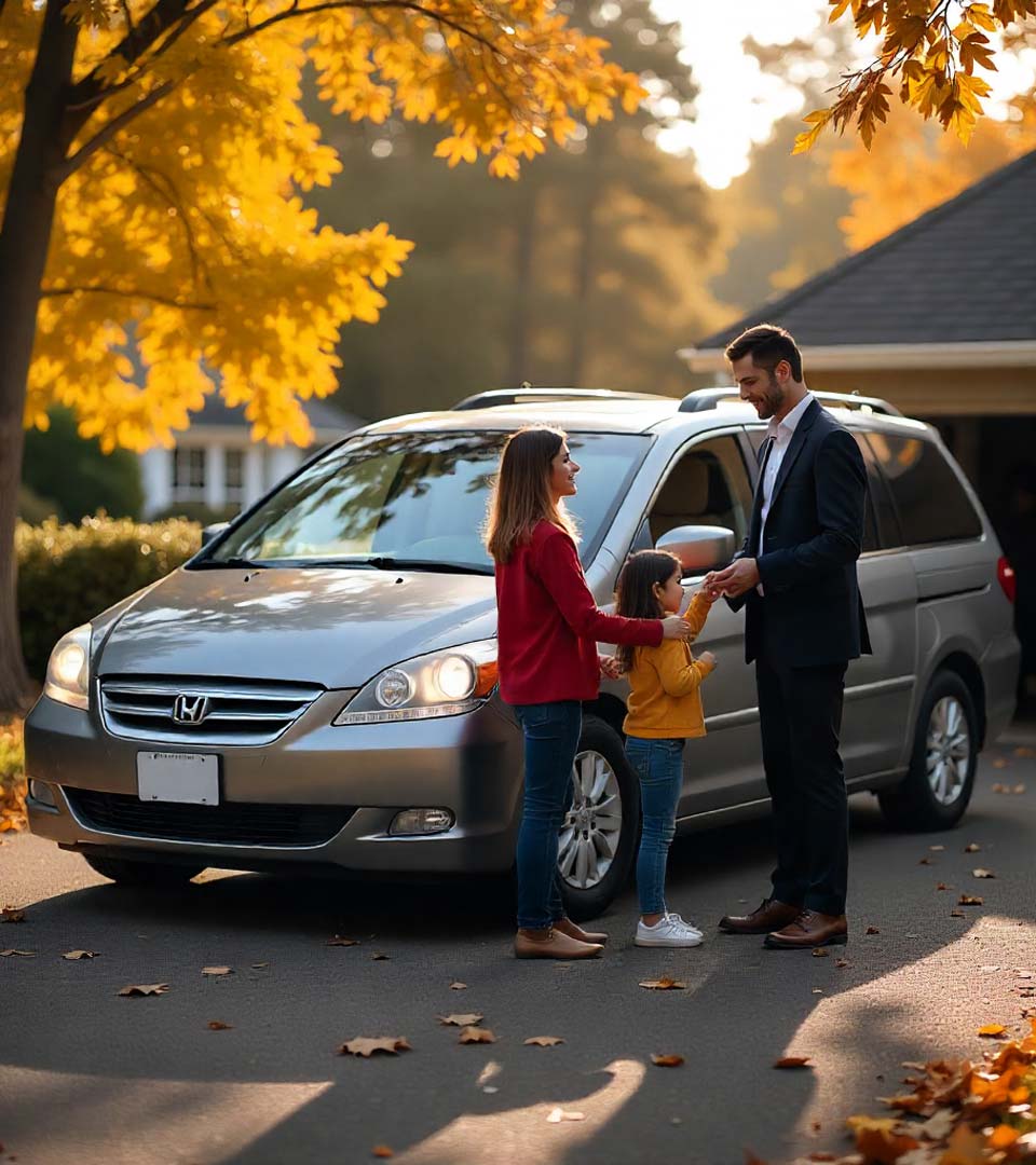 Eine Familie übergibt ein Auto an einen Händler beim Autoankauf Düsseldorf vor dem Haus